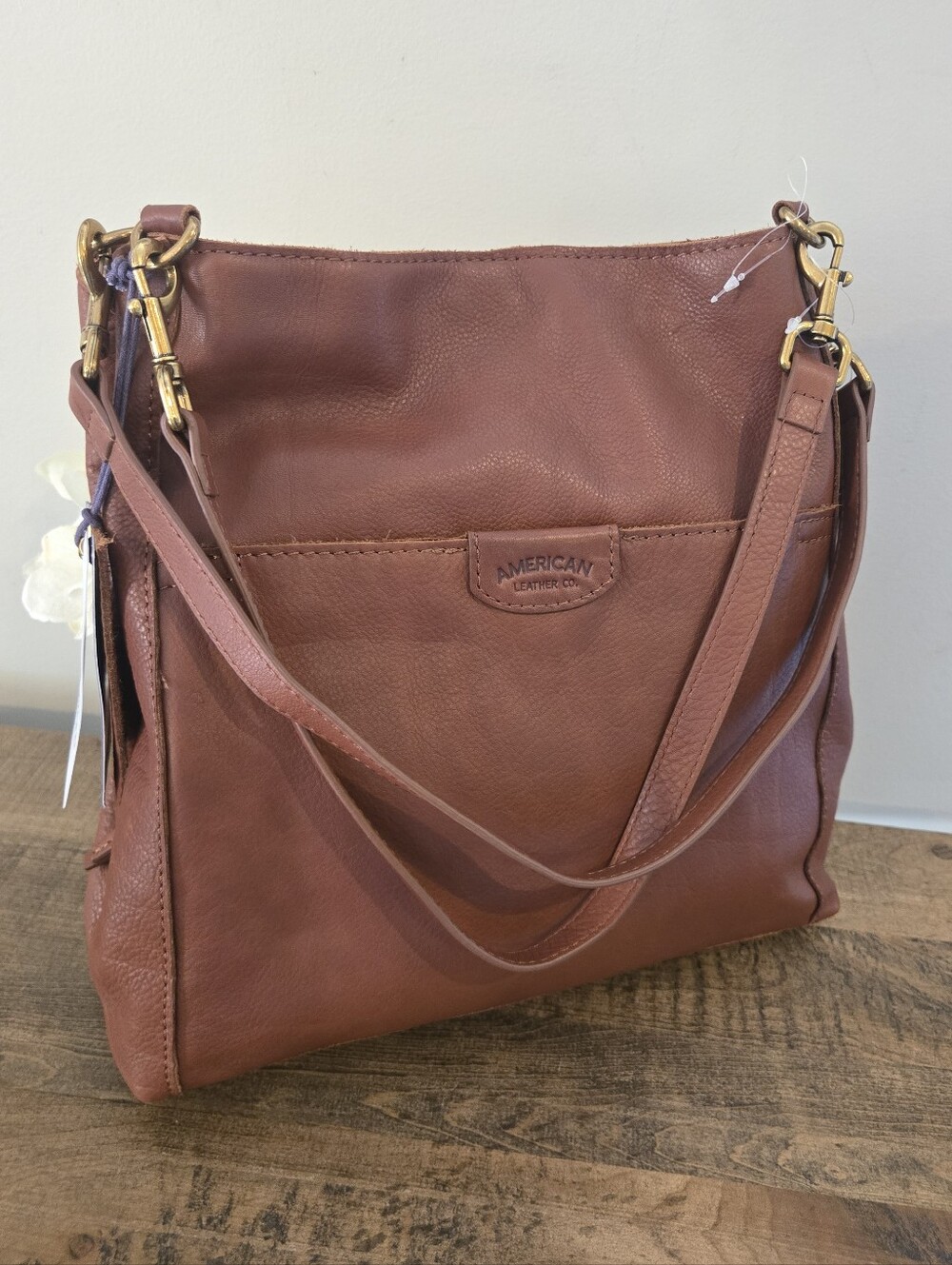 NEW American Leather Co Austin Triple Entry Bucket 2 Shoulder Bag Brandy Smooth